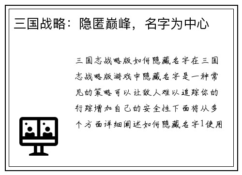 三国战略：隐匿巅峰，名字为中心