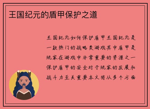 王国纪元的盾甲保护之道