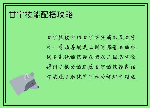 甘宁技能配搭攻略