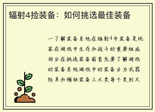 辐射4捡装备：如何挑选最佳装备